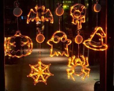 Halloween window hanging LED lights with spider, pumpkin, and ghost designs for holiday decoration