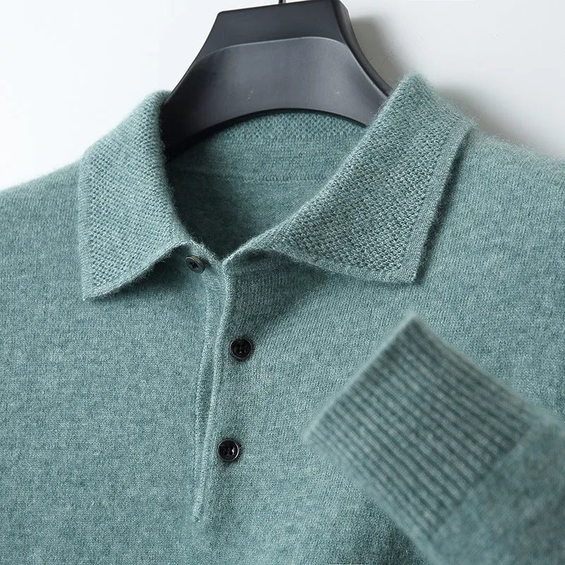 Men's wool polo collar pullover sweater in multiple colours with long sleeves