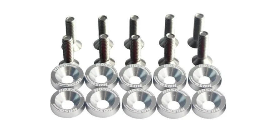 Car modification gasket screw bolt washer kit showing eight anodised colour options for engine bay customisation
