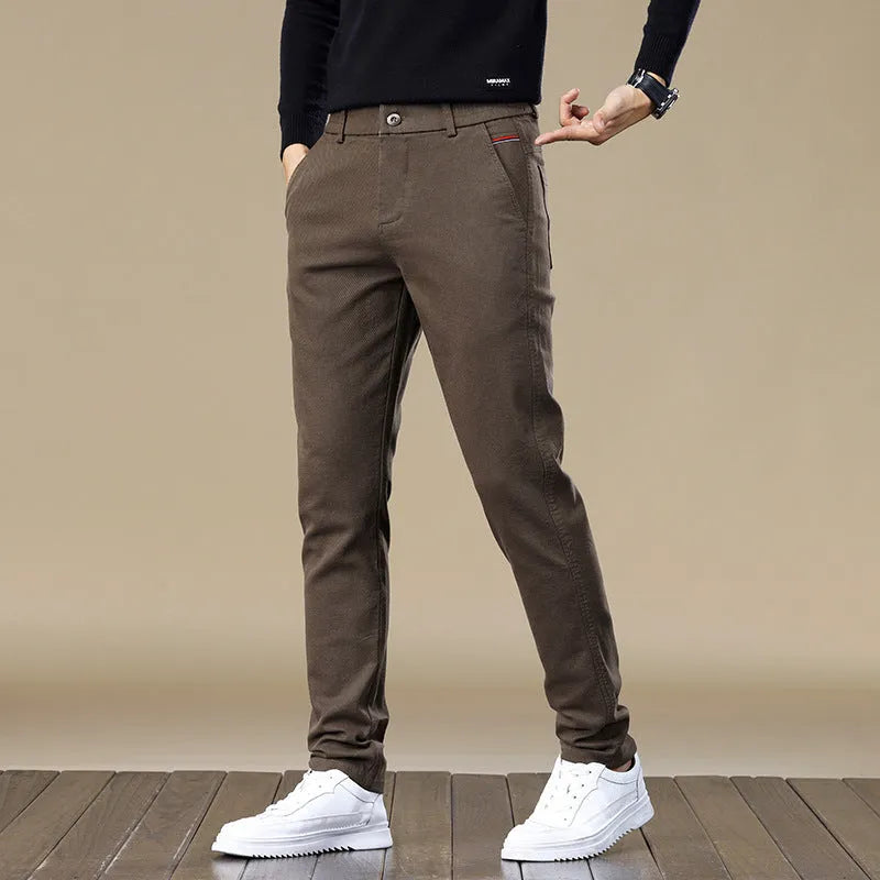 Men's fleece-lined slim fit tapered casual pants in black, cotton fabric, available in sizes 28-40