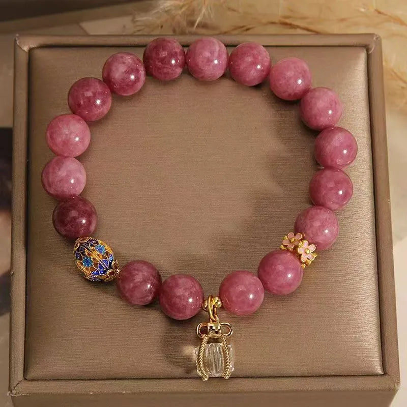 Natural stone bracelet with pink lotus tassel pendant and crystal beads