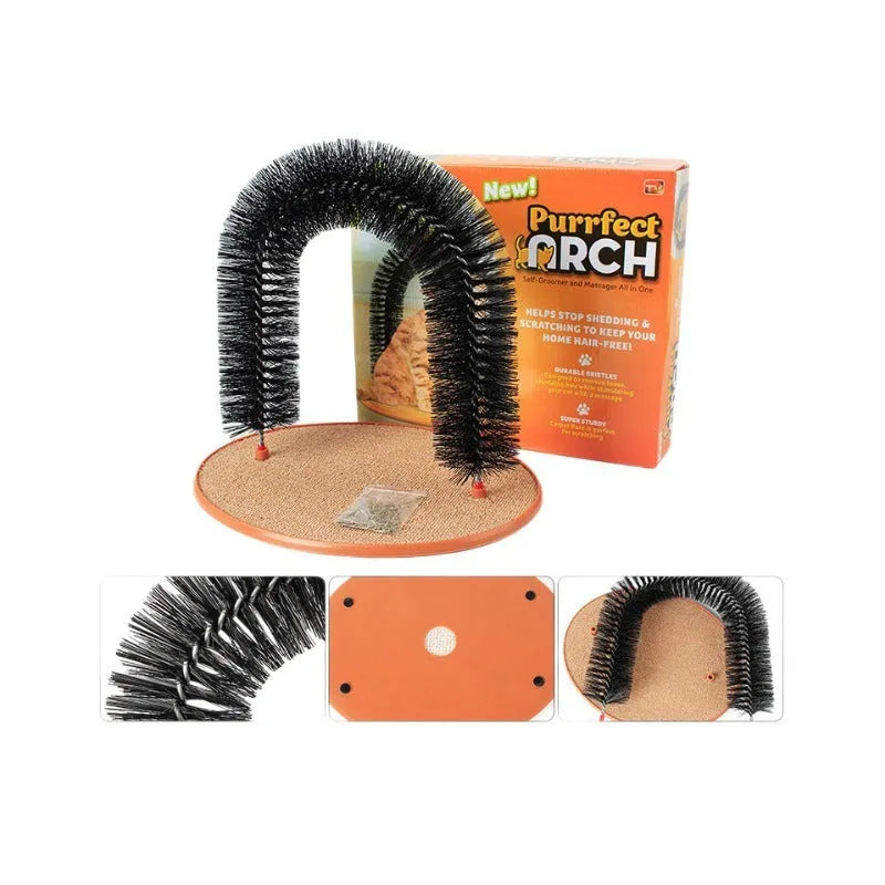 Grey arched plastic cat grooming toy with integrated brush bristles for scratching and rubbing