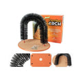Grey arched plastic cat grooming toy with integrated brush bristles for scratching and rubbing