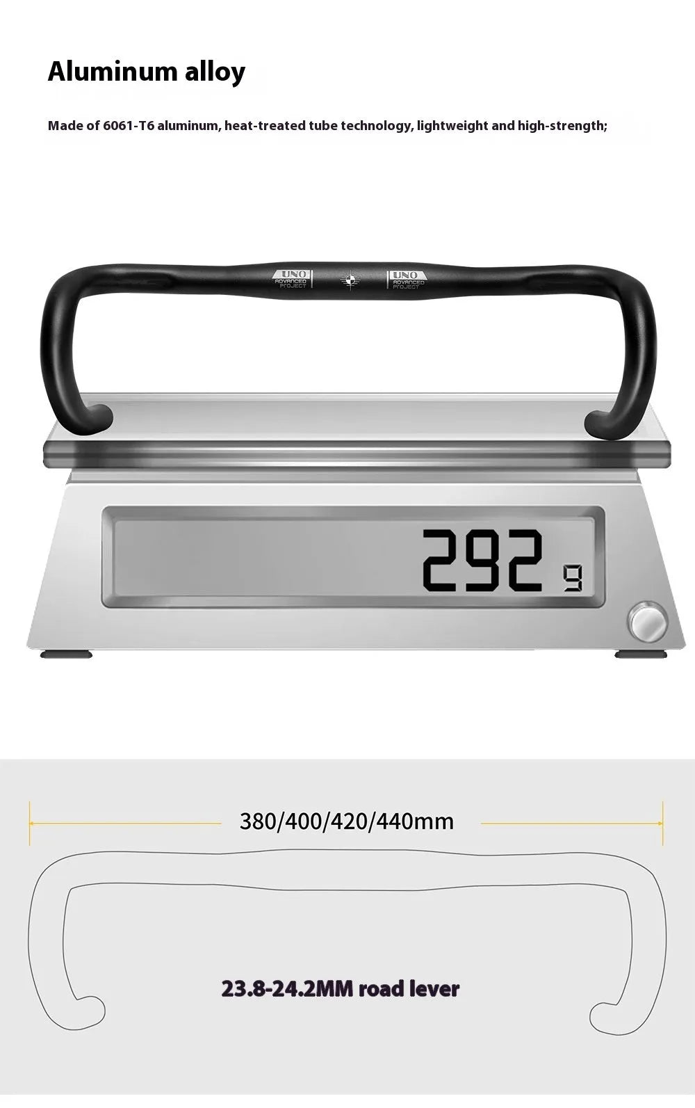 Black aluminium alloy road bike drop handlebar with UNO printing marks showing multiple width options