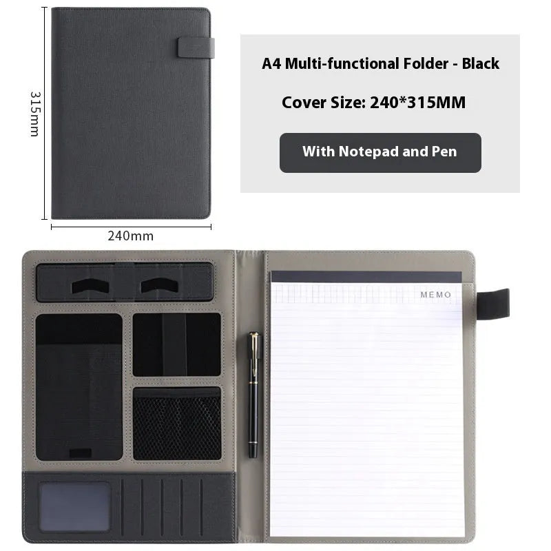 Black leather A4 business folder lying flat, showing its size for holding documents.