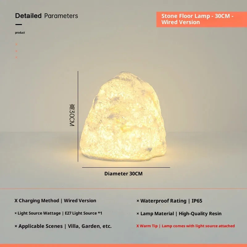 Outdoor waterproof stone resin floor lamp with warm light, IP65 rated for garden or courtyard use