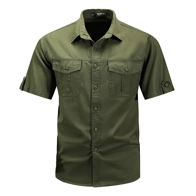Men's short sleeve cotton shirt in khaki, regular fit cardigan style for summer casual wear