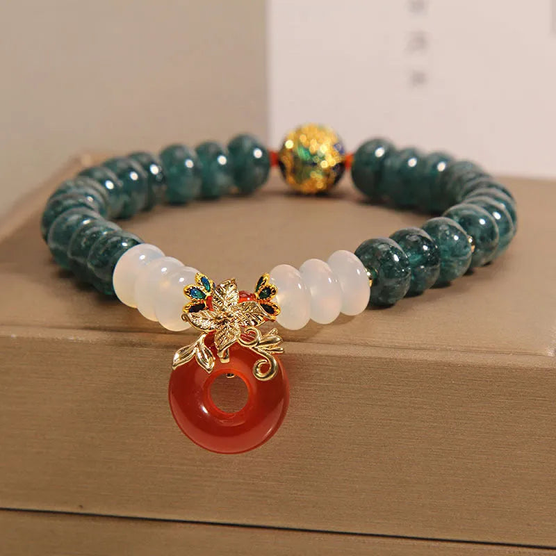 Blue water jade abacus bead bracelet with red agate peace buckle and crystal rhinestone elements