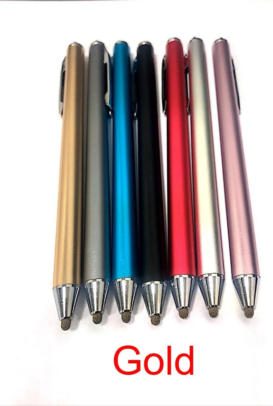 Fine tip metal stylus pen for touch screen tablets and smartphones in assorted colours.