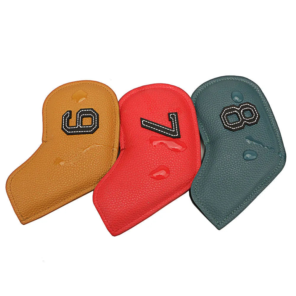 Set of 10 colourful digitally printed PU golf club head covers for woods and irons protection