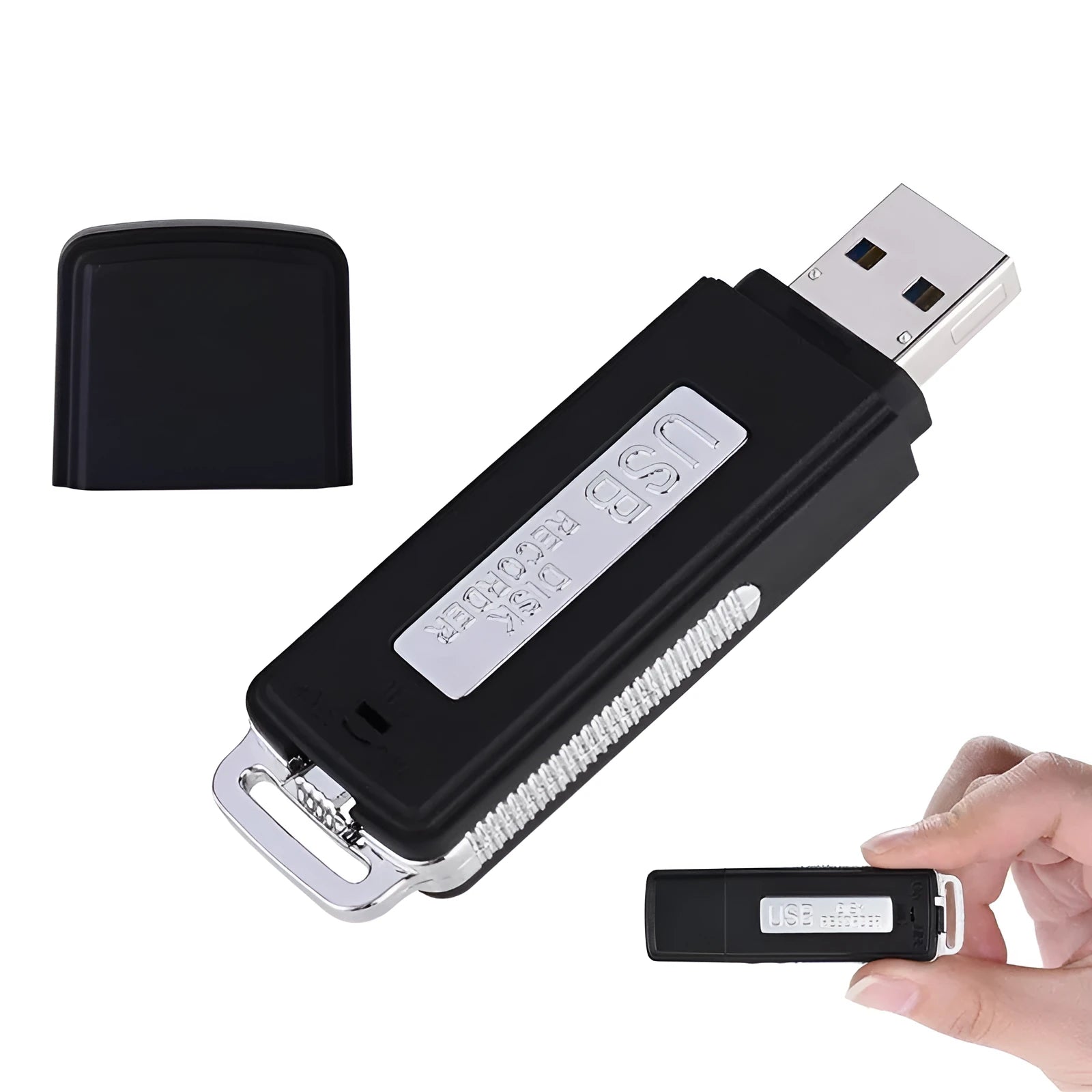 Black 8GB portable USB voice recorder with unidirectional microphone and rechargeable lithium battery