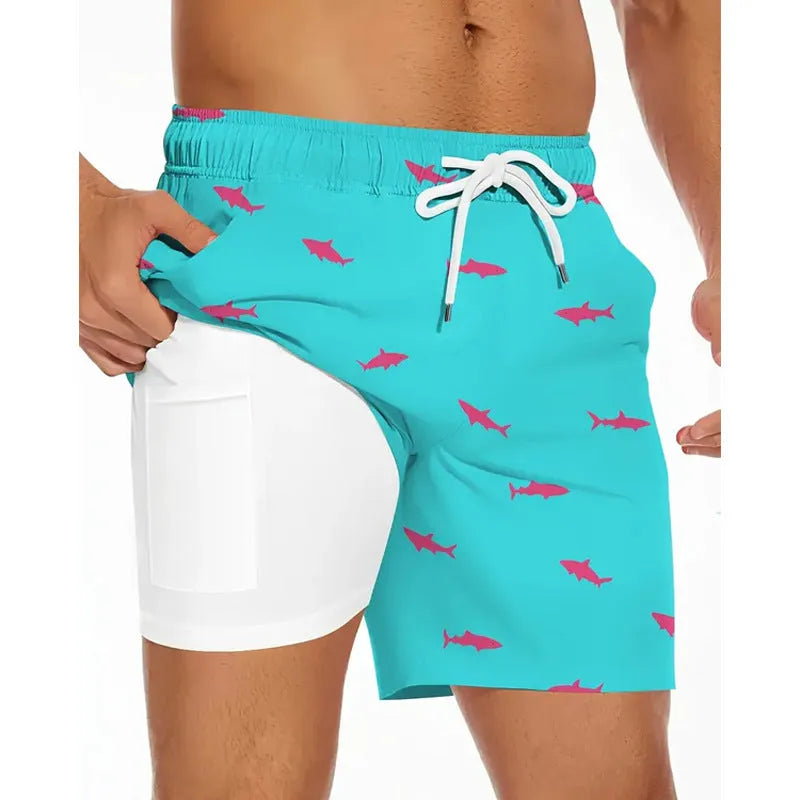 Men's loose fit casual beach trousers in lightweight polyester fabric on a plain background