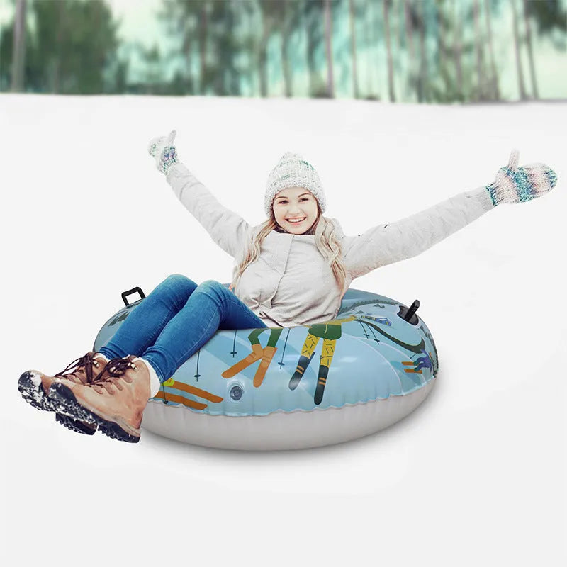 Colourful printed PVC winter ski ring toy for children's snow play, shown in red, blue, and white designs.