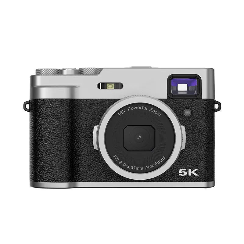 Black dual-lens digital camera with optical viewfinder and 2.88-inch screen on a strap.