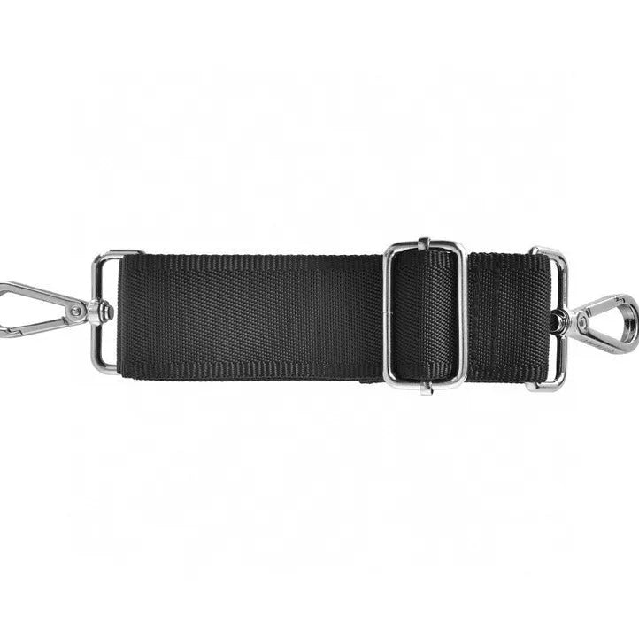 Black Oxford cloth laptop bag showing multiple interior organisational pockets and a security lock.