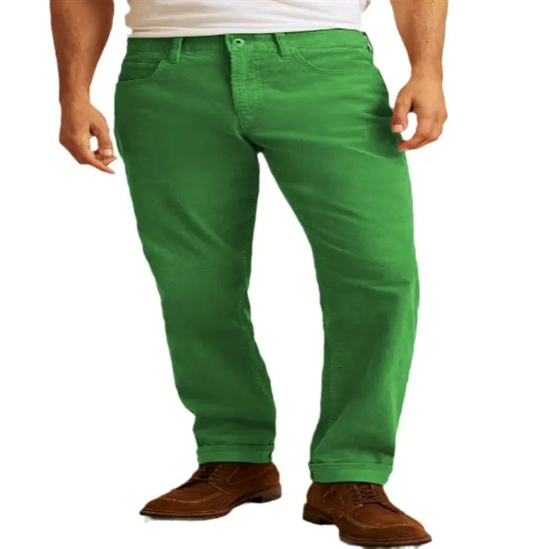 Corduroy straight-leg trousers in loose casual fit showing mid-waist design and solid colour options