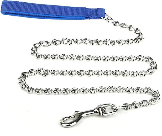 Heavy duty metal dog chain leash with a soft black padded handle, shown in red.