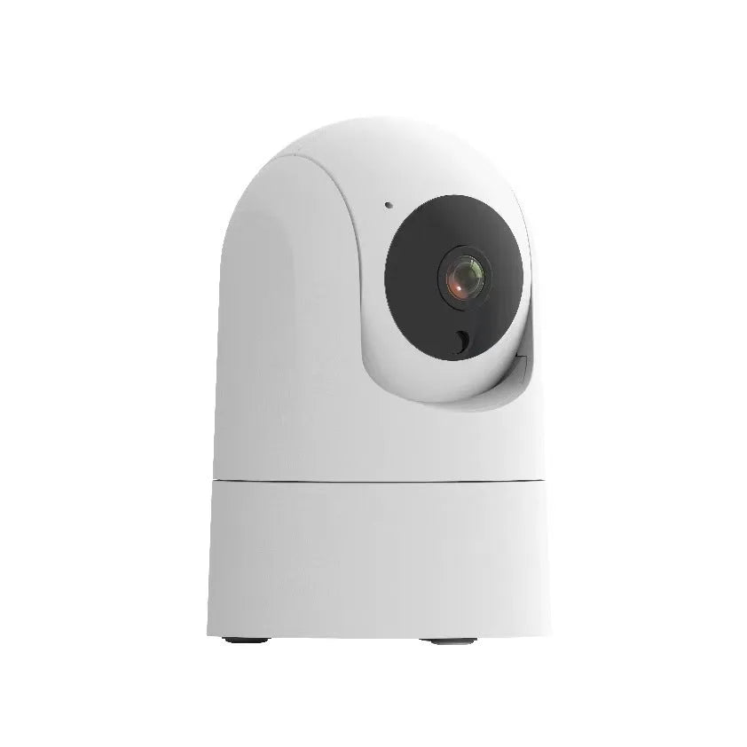 White indoor pan tilt security camera with lens on a compact square base, showing remote movement and two-way audio features.