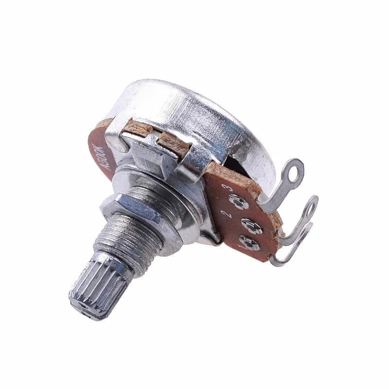 A single metal potentiometer knob for an electric guitar, shown with labels for A500K, B500K, A250K, and B250K variants.
