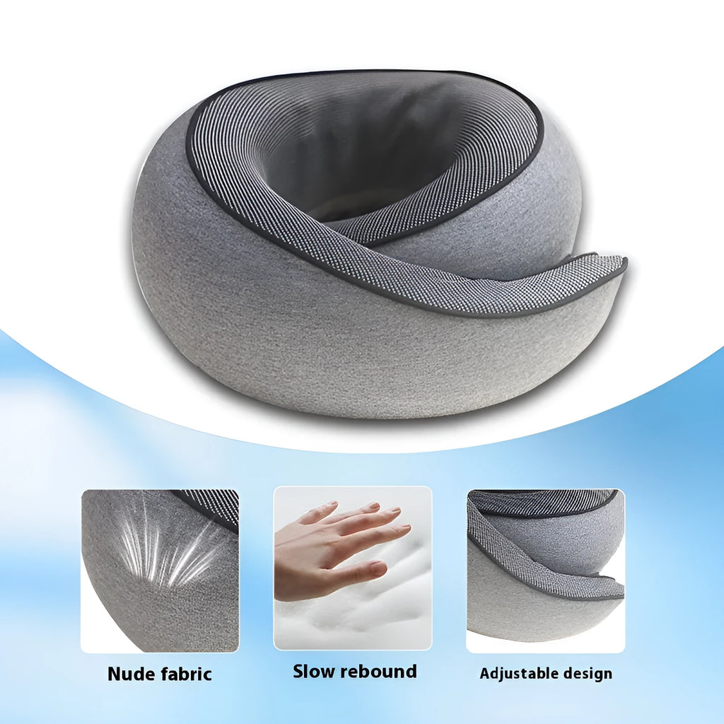 A U-shaped memory foam travel neck pillow in a modern design, shown with its storage bag.