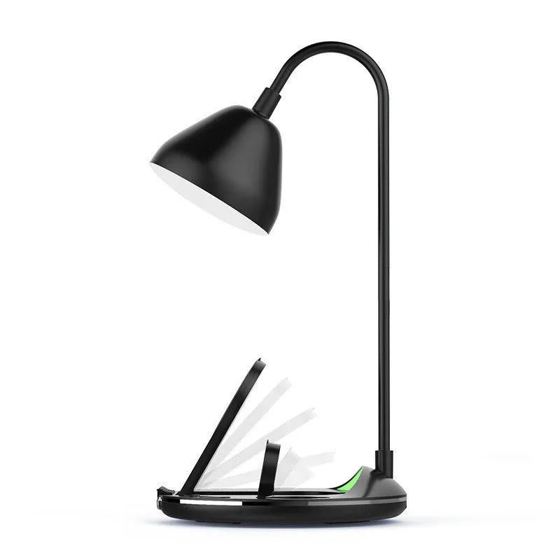 Black and white magnetic folding wireless charger with USB cable showing folded and upright positions