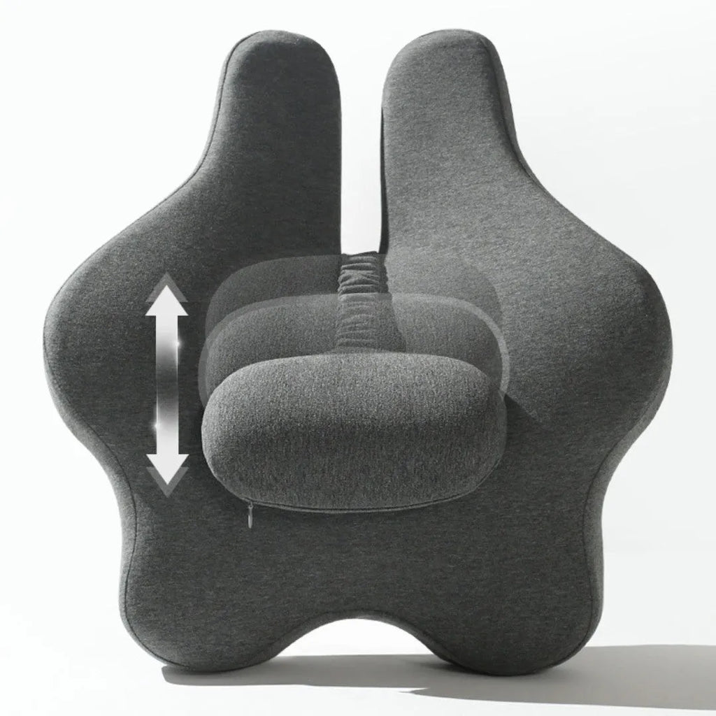 Black memory foam lumbar support cushion for car seat measuring 50cm by 47cm.