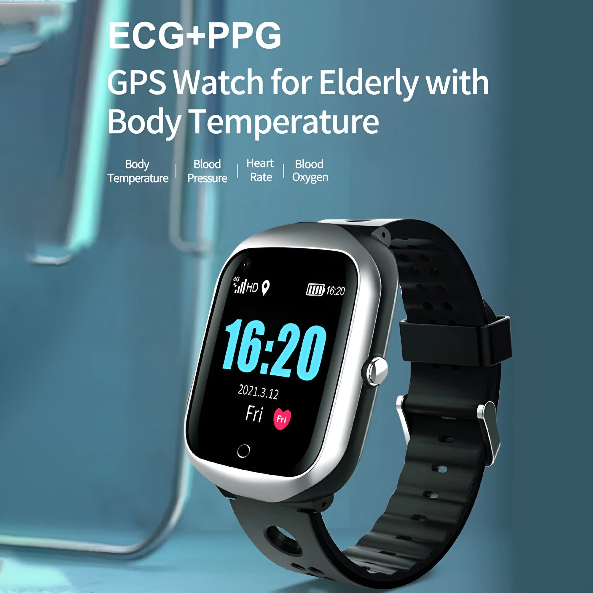 Black intelligent positioning phone watch for the elderly with a square screen and silicone strap on a wrist.