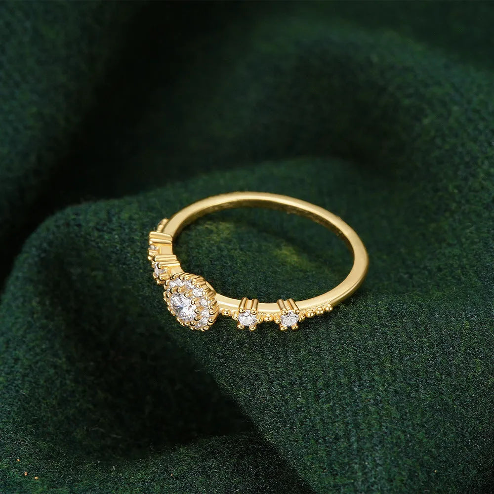 925 silver women's ring with gold electroplated finish, flower rhinestone detailing and geometric shape