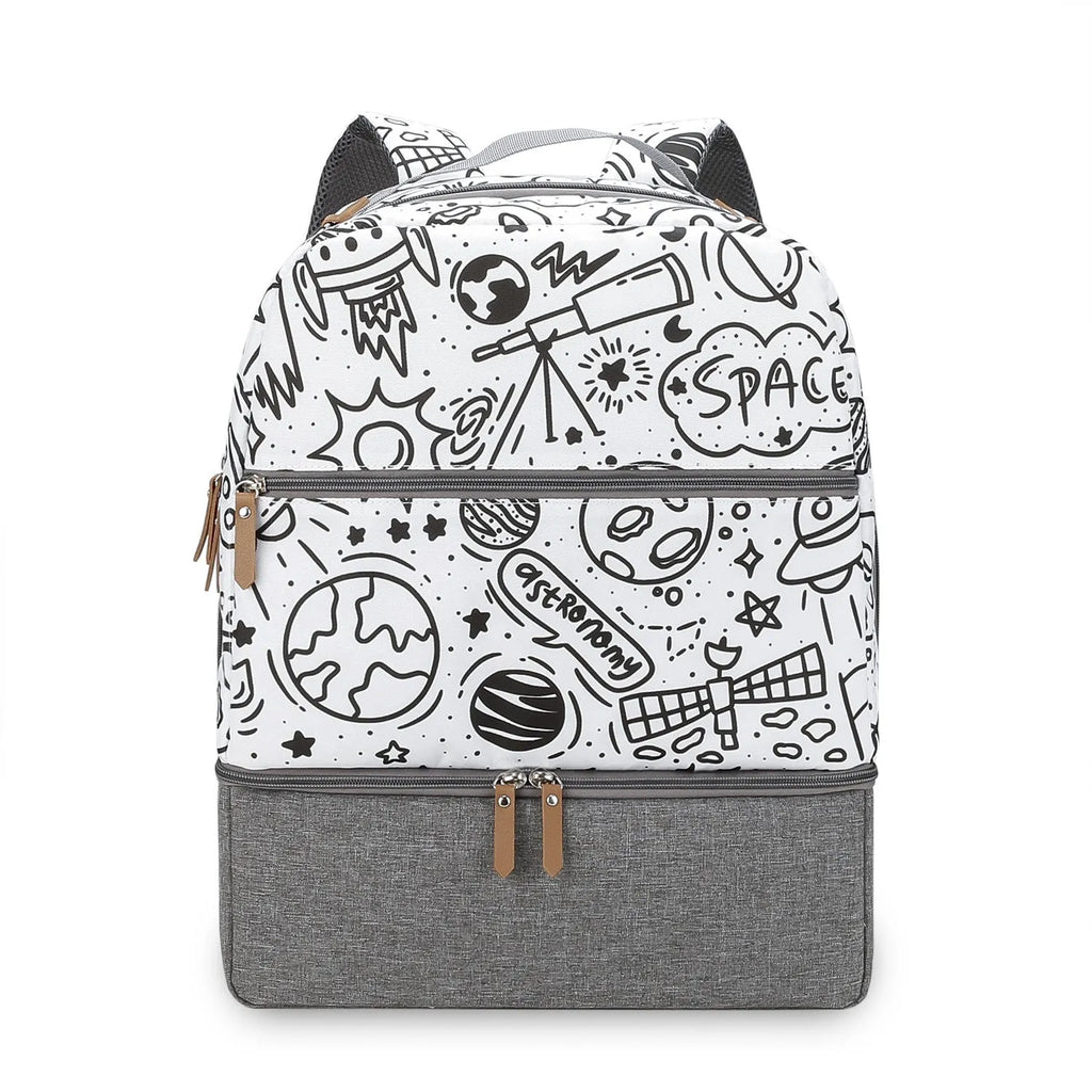 Grey insulated baby carrier backpack with curved shoulder straps and multiple compartments for mother and child travel