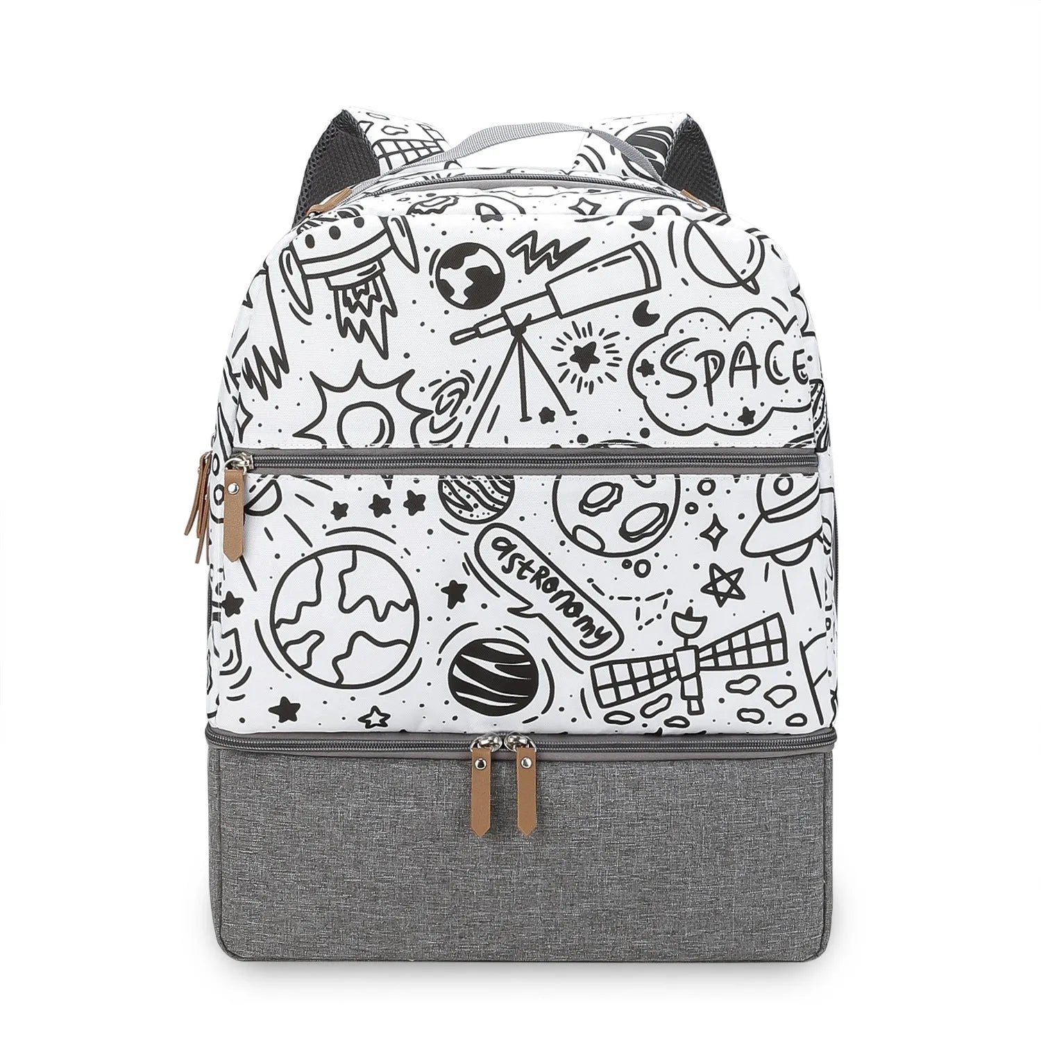 Grey insulated baby carrier backpack with curved shoulder straps and multiple compartments for mother and child travel