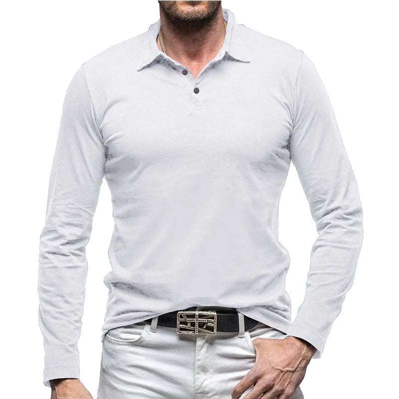 Men's dark grey cotton long sleeve T-shirt with a polo collar laid flat.