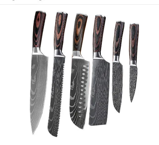 Chef knife with laser Damascus patterned blade and colour steel handle, length 30cm