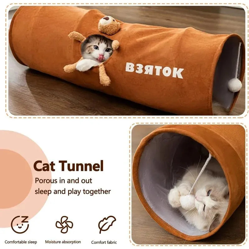 Collapsible cat tunnel with plush ball toy in brown or grey colour options