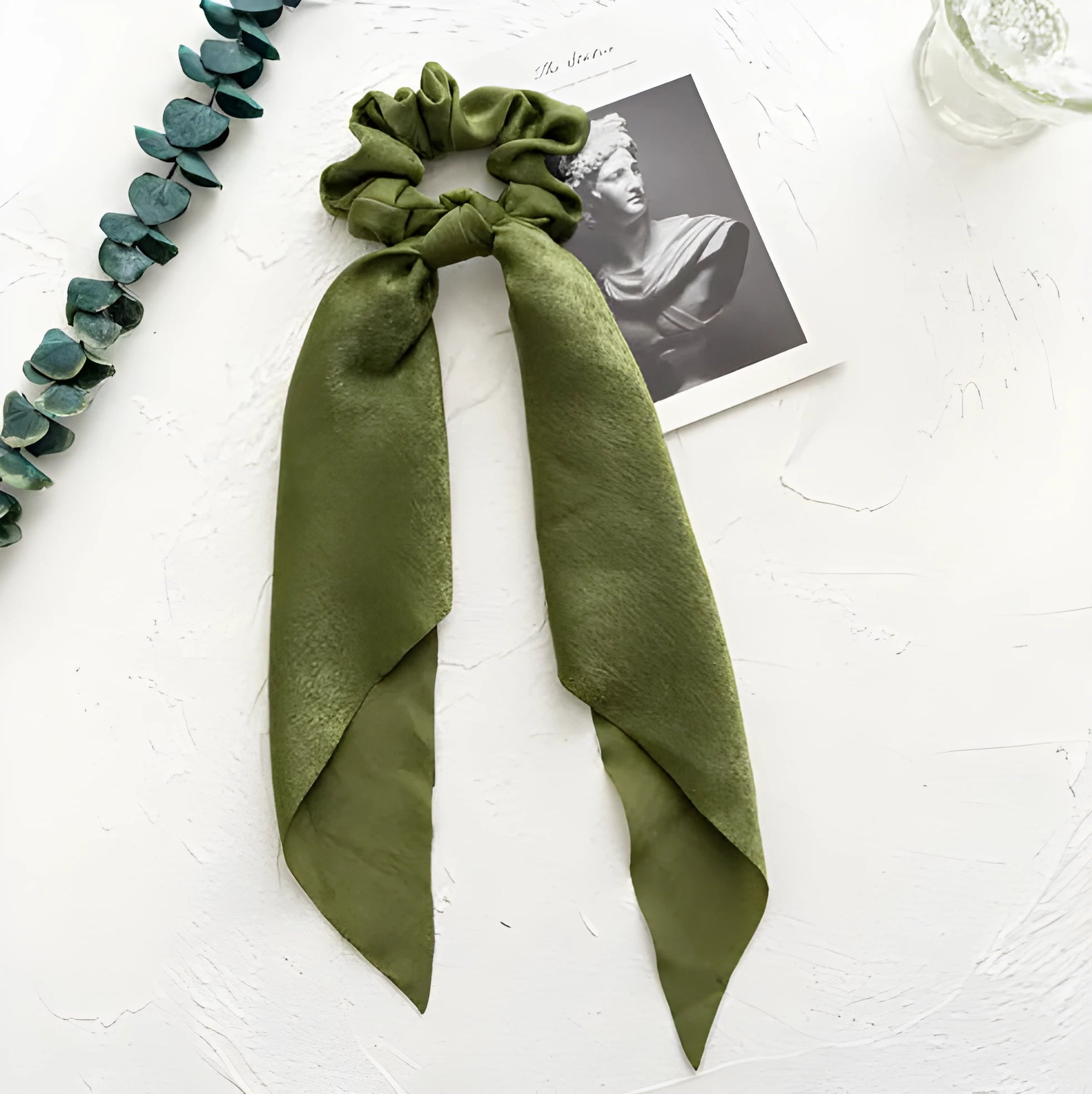 Long ribbon large intestine ring hair accessory in spring dark green ribbon colour