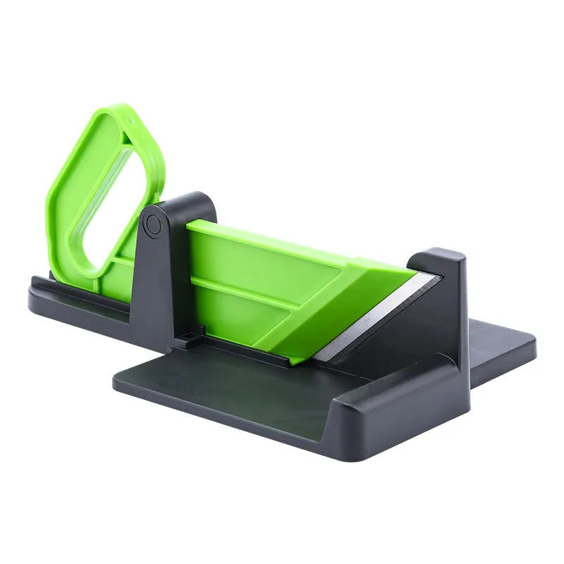 Green and red vegetable cutting tool with stainless steel blades for carrots and potatoes