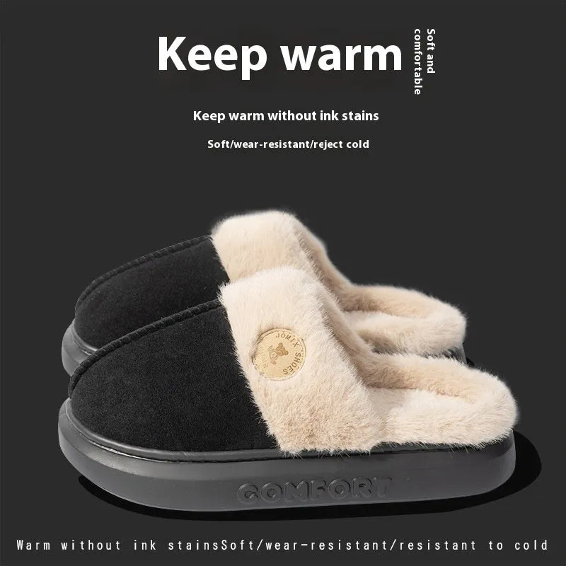 Plush fleece winter slipper with thick PVC sole, shown in khaki colour with car stitching detail.