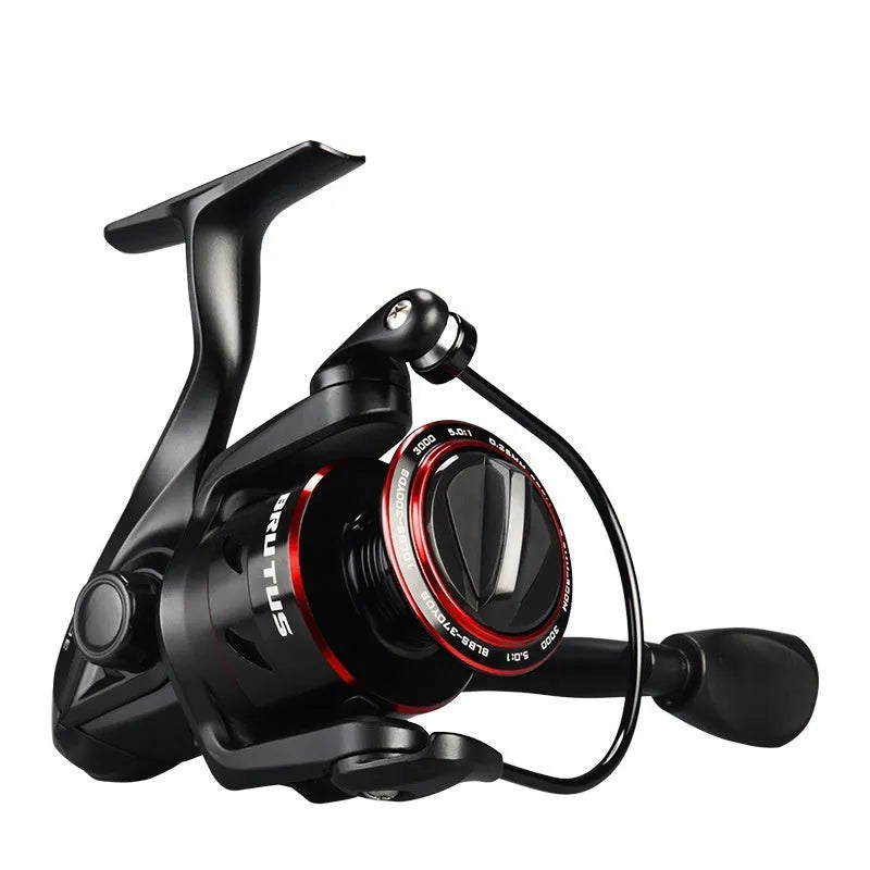 All metal spinning fishing reel and collapsed telescopic fishing rod combo on a background.