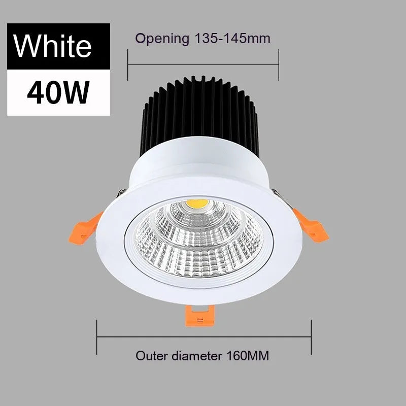 LED embedded ceiling spotlight with aluminium housing showing three colour temperature options and hole size measurements