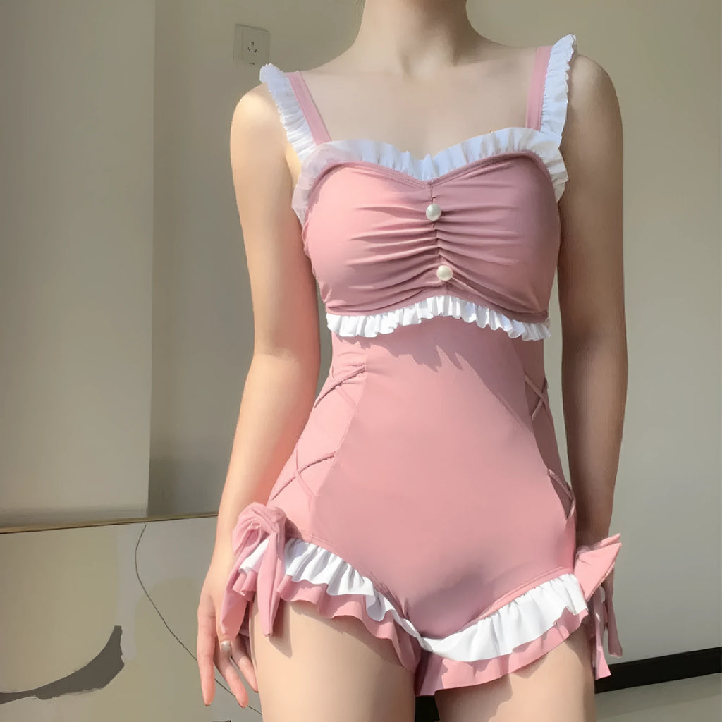 Pink and blue one-piece swimsuit in milk silk fabric with sleeveless design