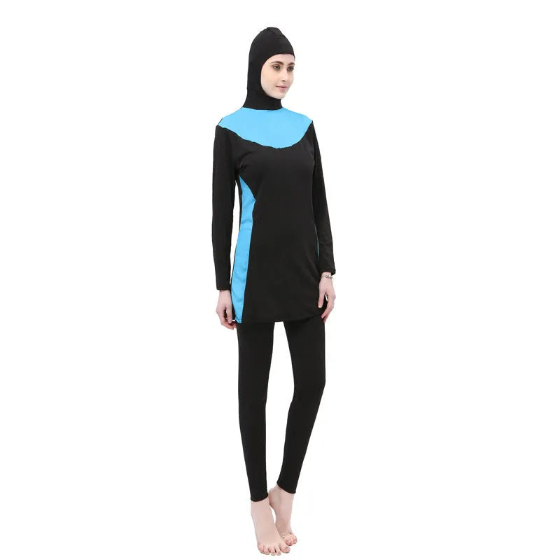 Women's black long sleeve hooded swimsuit with rose red trim, shown as a two-piece set for swimming.