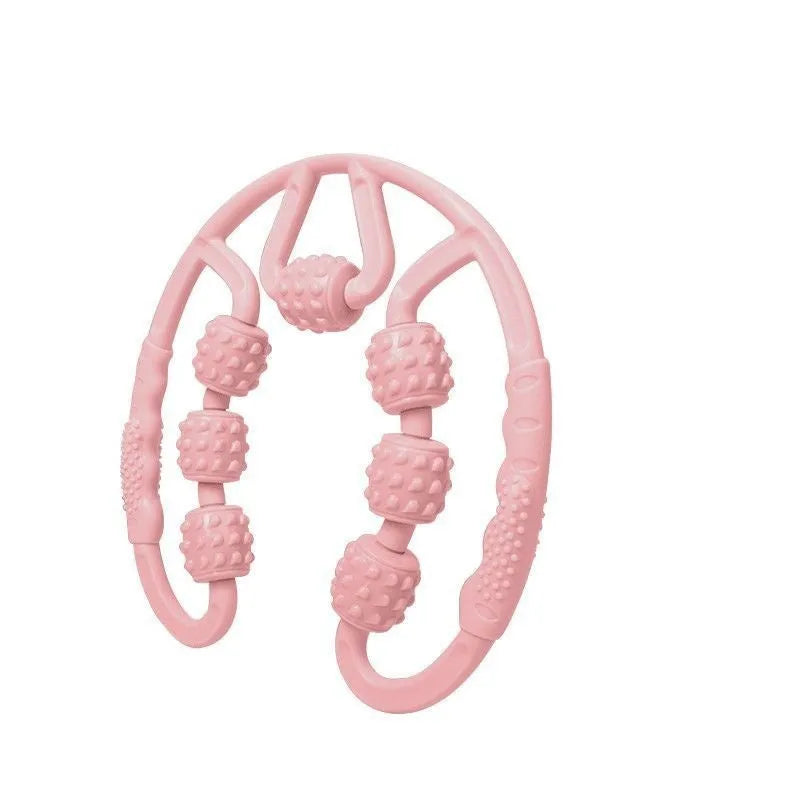 A handheld leg massage roller clip with multiple wheels, shown in a pink colour option.