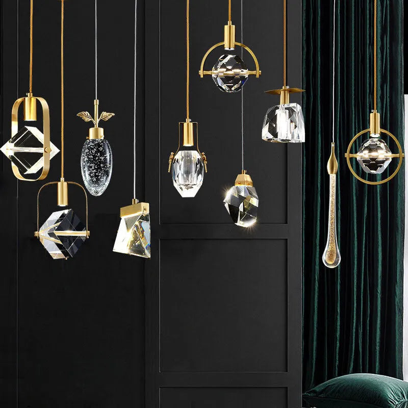 Copper crystal pendant light, 11cm diameter, 25cm height, E14 warm light, 220V Nordic chandelier