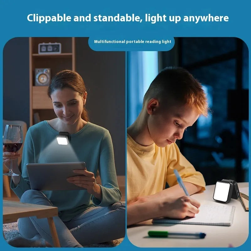 Clip-on LED camping lantern in black, clipped onto a bag, with rechargeable light for night use