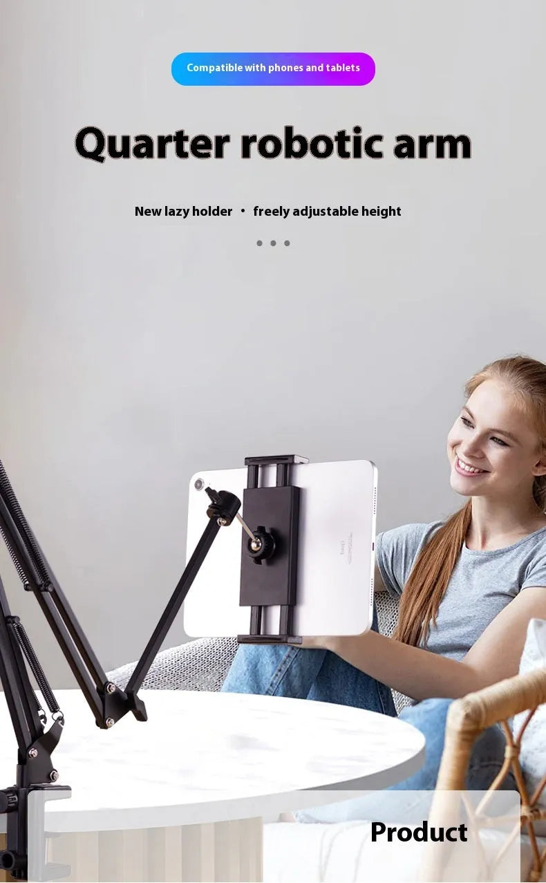 Black desktop tablet cantilever bracket with foldable metal construction and tablet clip