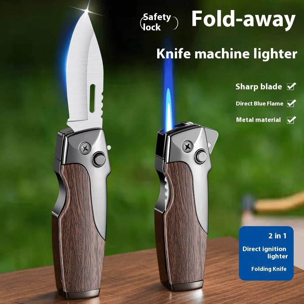 Closed metal folding lighter with integrated knife in a carbon fibre finish, showing the safety lock and refill valve.