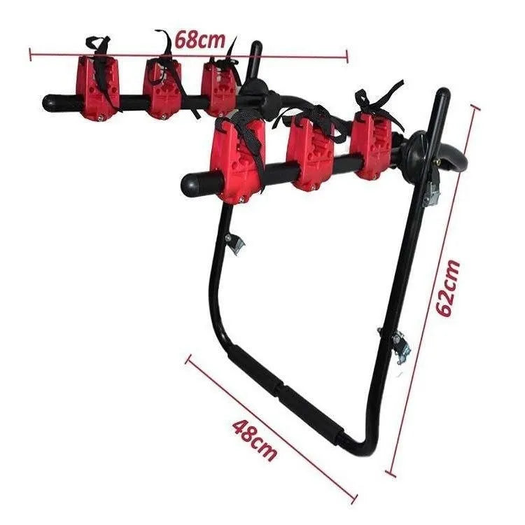 Black and red trunk mounted car bike rack with tie rope and pull belt fastening options.