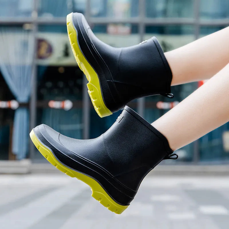 Women's short waterproof rubber shoes with non-slip soles in multiple colour options