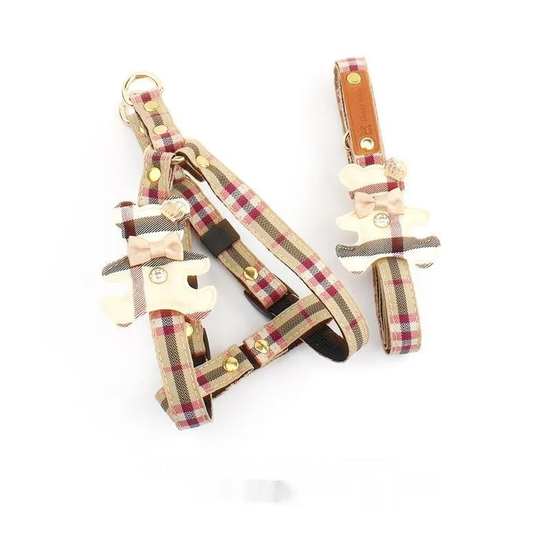 Two sets of pet dog harness with classic plaid bow collar and retractable polyester traction rope in S M L sizes