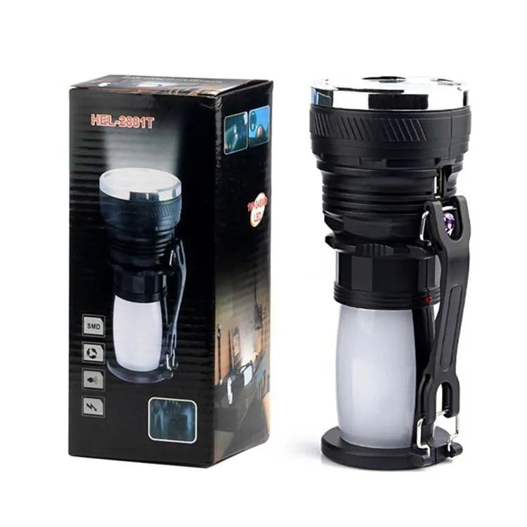 Black solar-charging LED emergency flashlight with USB port for outdoor use.