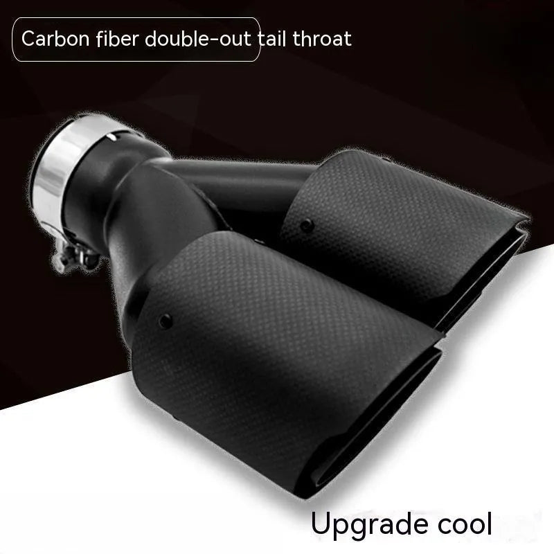 Black carbon fibre car exhaust silencer with double outlet tail pipe, 250mm vehicle modification component
